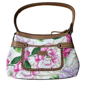 Relic Peony Shoulder Bag - Pink Floral Shoulder Bag With Brown Leather Trim